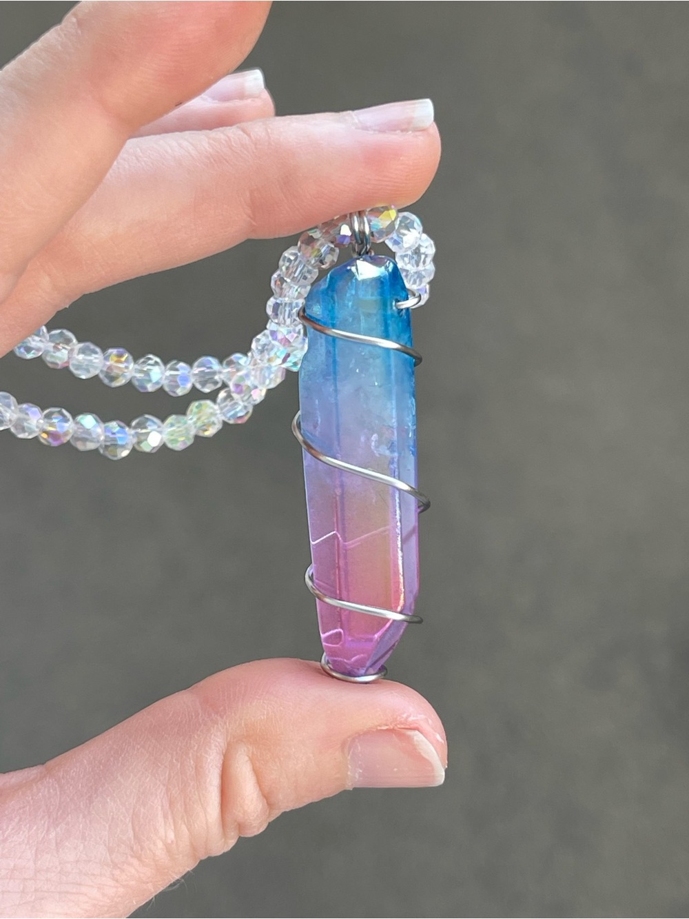 Gradient Blue-Pink Crystal Pendant Necklace White AB Glass Beads Stainless Steel